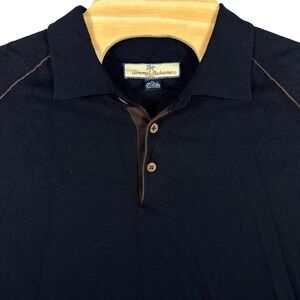 Tommy Bahama Mens XL Silk Blend Polo Shirt Black Brown Trim Short Sleeve
